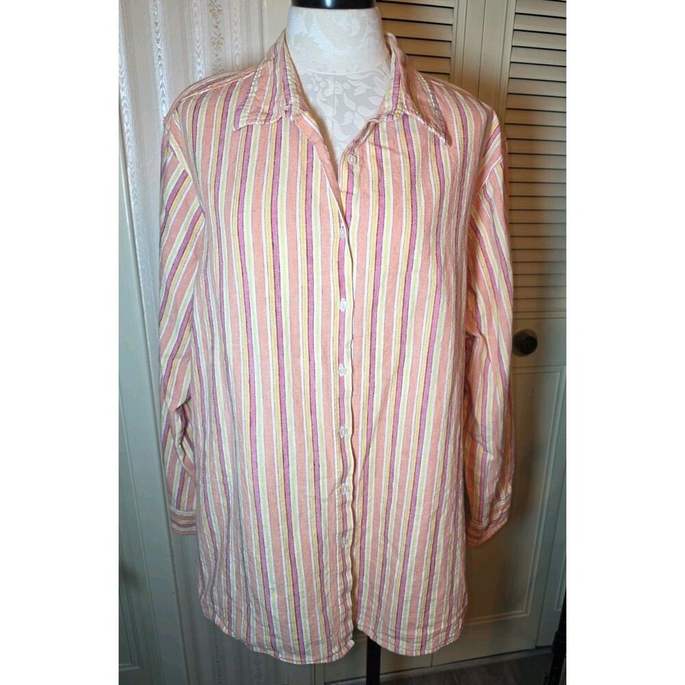 Kim Rogers Wmn 2X Linen/Cotton Blouse Button Up Shirt Roll Tab Sleeve Preppy